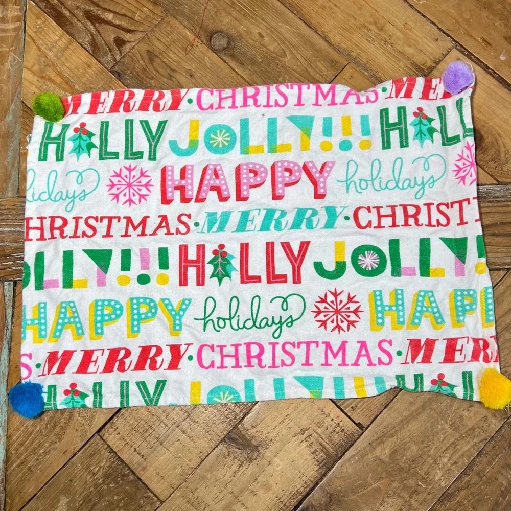 Rainbow Pink Color Christmas Holiday Table Runner & 2 Placemats Pompoms‎